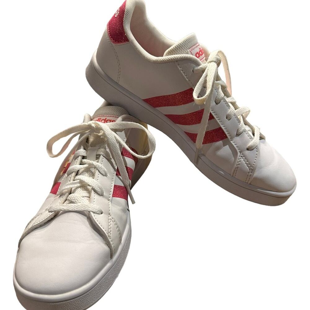 Adidas White Leather Superstar Sneakers Womens 5.5 Hot Pink Glitter Stripes
